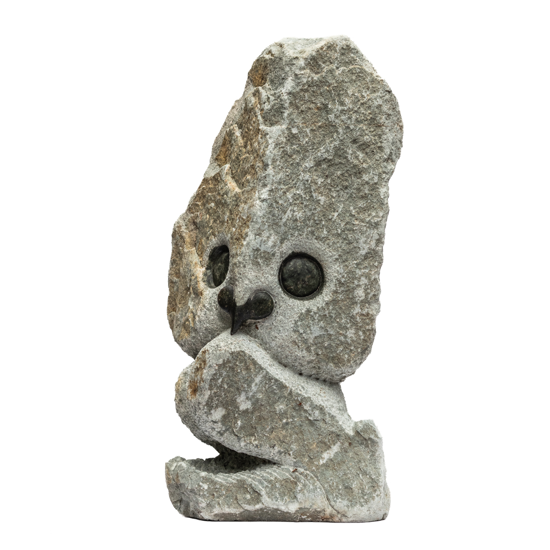 The Protector by Taurai Mupaso, a Shona Opal Stone sculpture of a stylised owl standing and looking around.