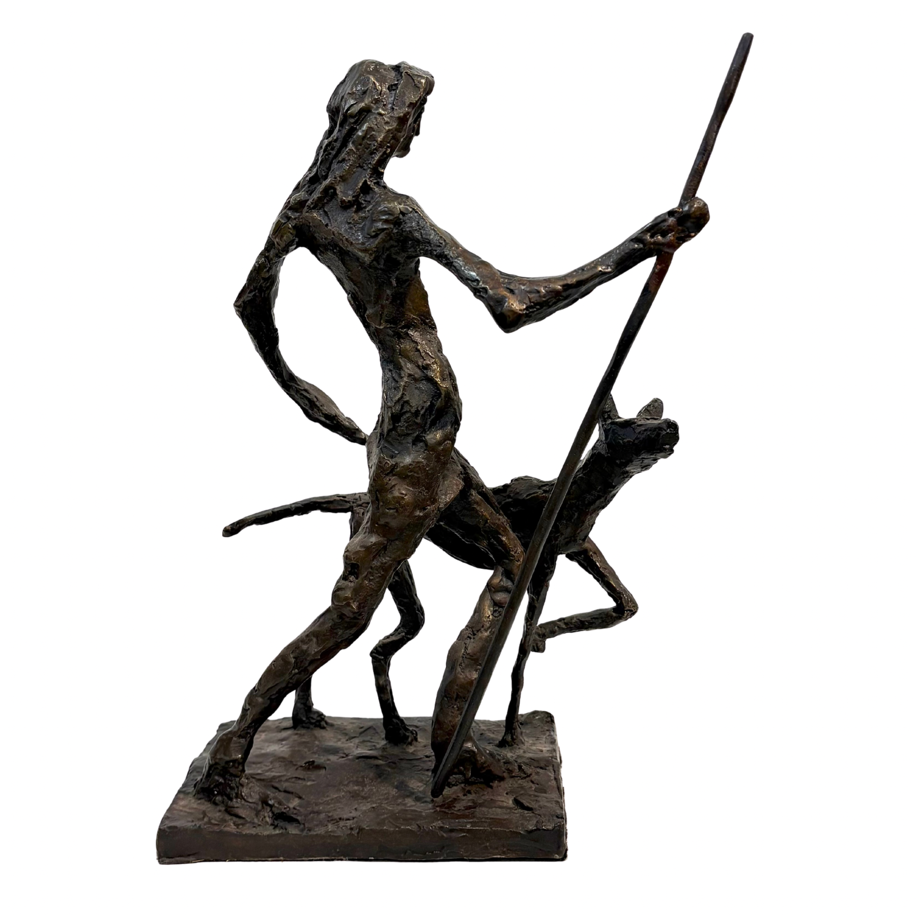 The Old Warrior by Sean Crampton. Table-top bronze sculpture of a human warrior figure with a dog and holding a staff. Edition of 24.