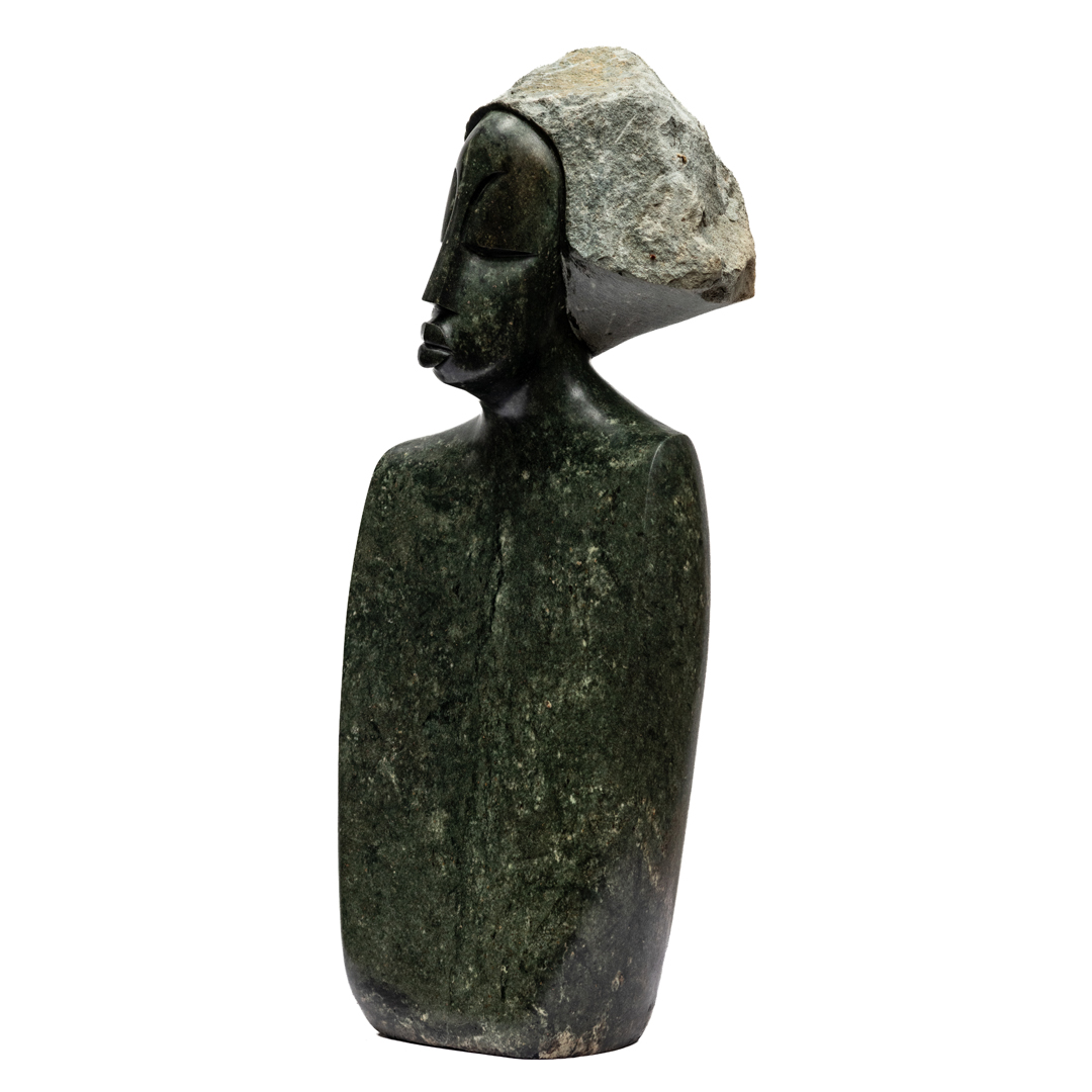 Proud Man by Wimbai Ngoma. Unique opal stone Shona bust sculpture. The hair has been left as the rough raw stone and contrasts in texture to the smooth face and shoulders.