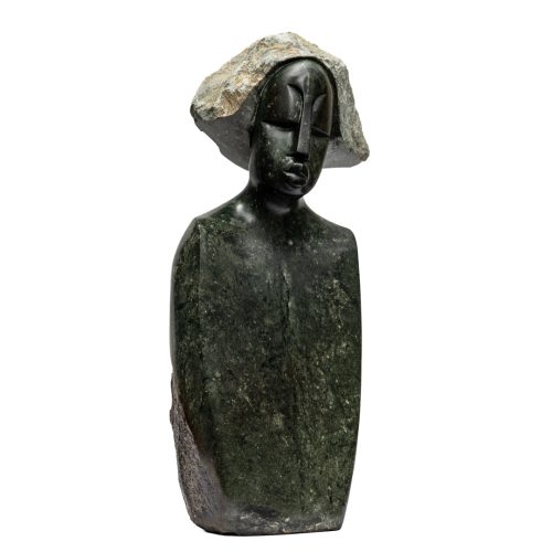 Proud Man by Wimbai Ngoma. Unique opal stone Shona bust sculpture. The hair has been left as the rough raw stone and contrasts in texture to the smooth face and shoulders.