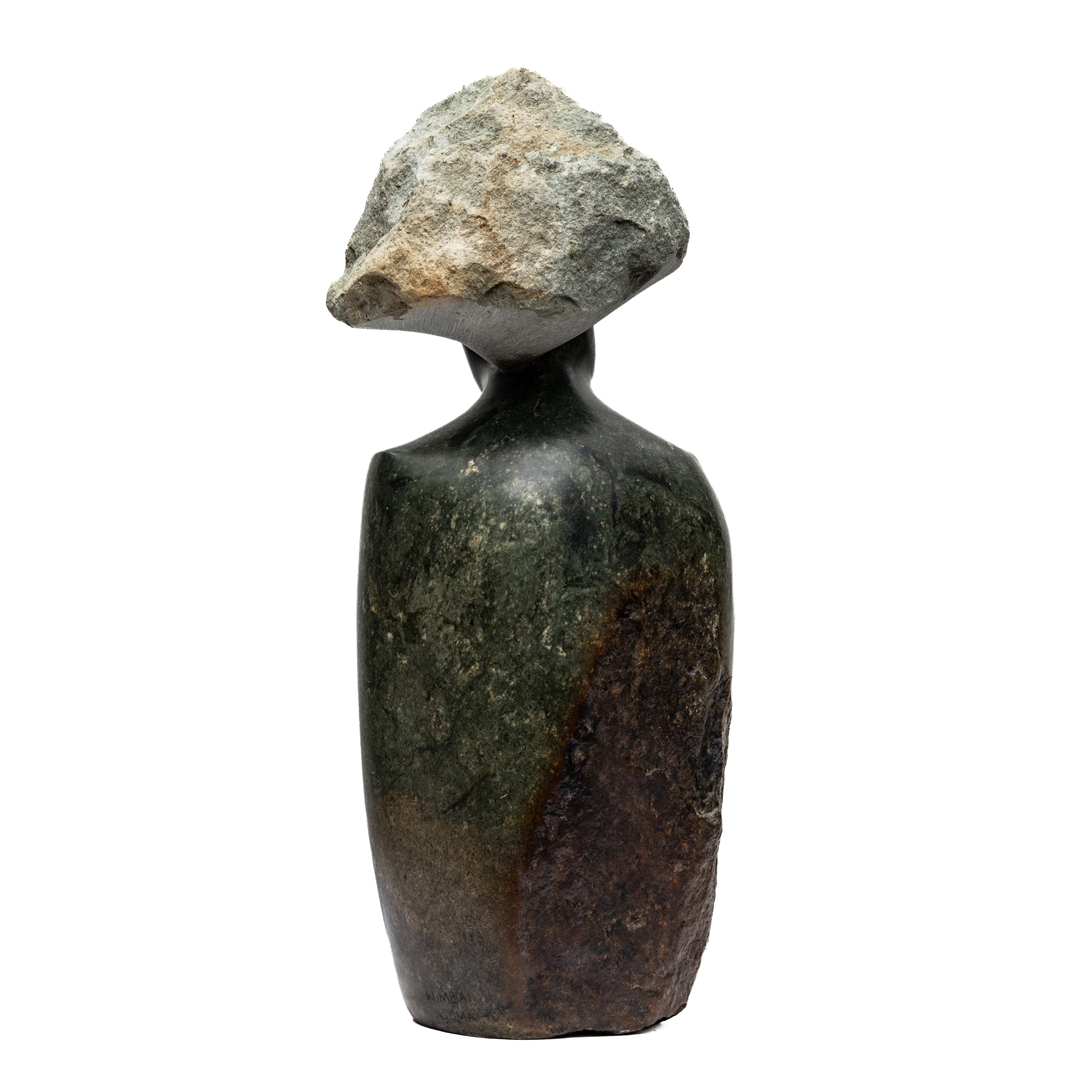 Proud Man by Wimbai Ngoma. Unique opal stone Shona bust sculpture. The hair has been left as the rough raw stone and contrasts in texture to the smooth face and shoulders.