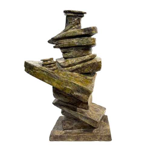 Judge Alone (1972) by Sean Crampton, a abstract bronze sculpture of a stack of flat slabs that vary in size.