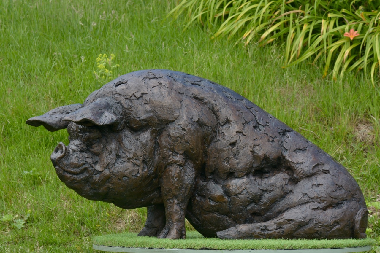 A realism bronze resin sculpture of a large pig sitting down.