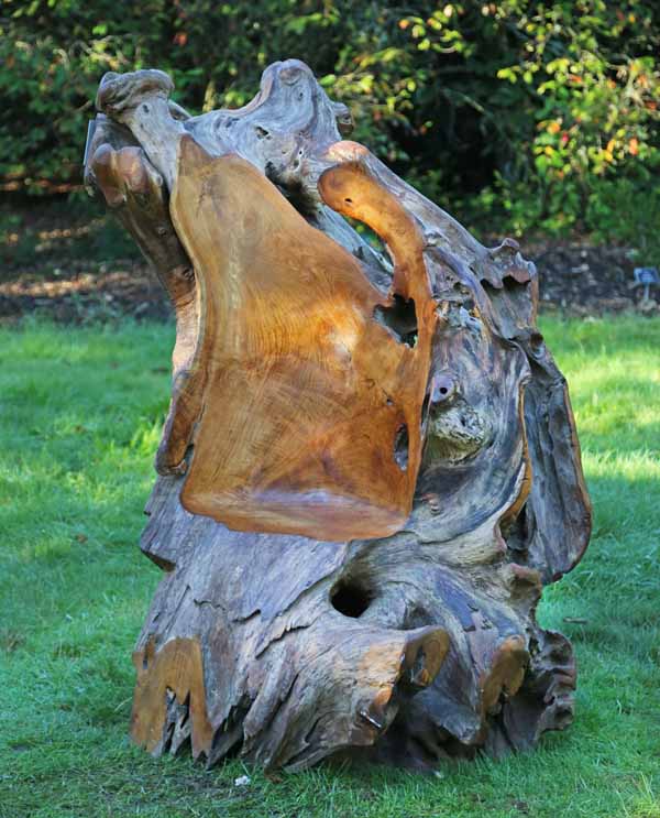 A furniture teak wood sculpture of a piece of tree with a seat carved into it.