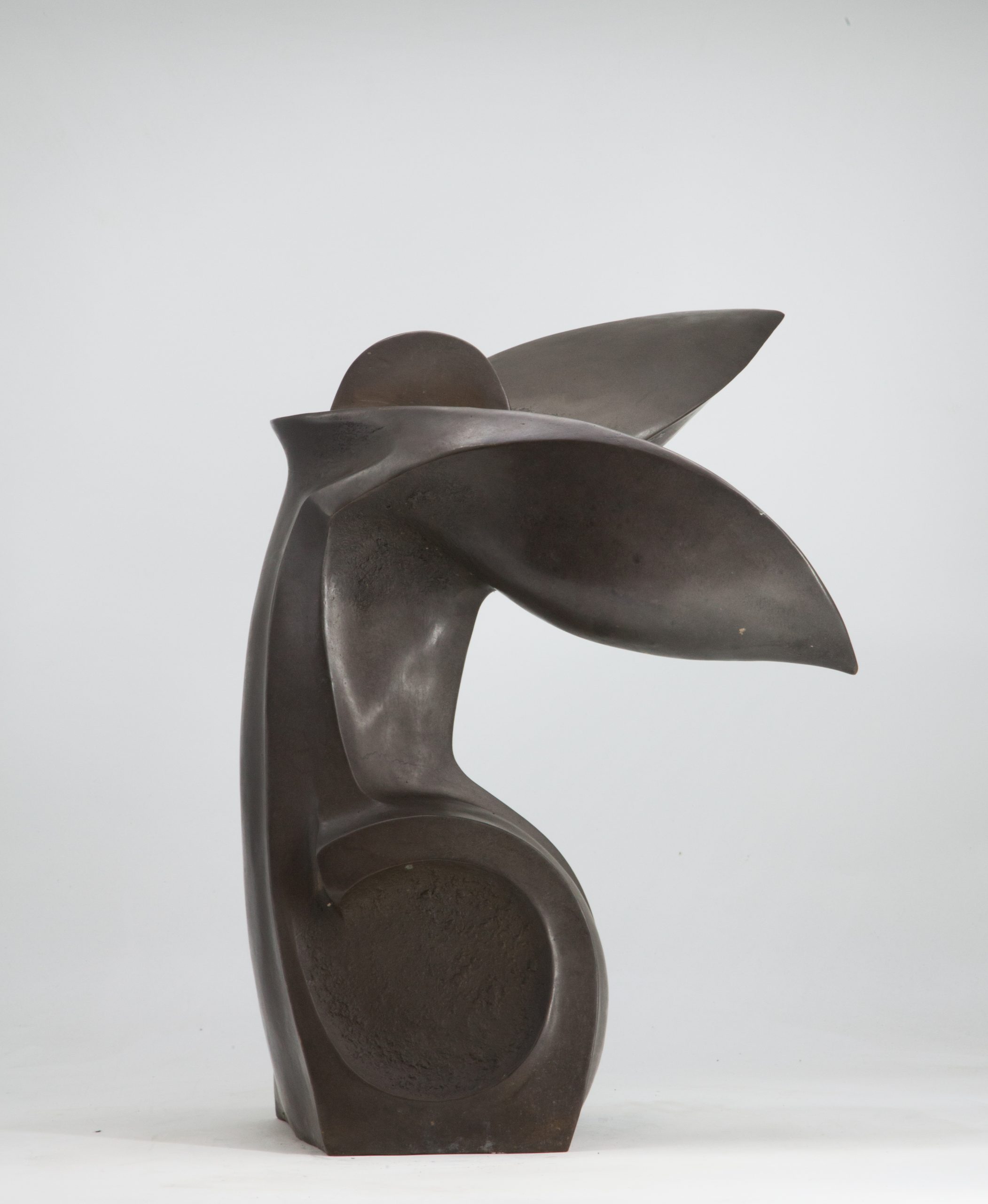 An abstract bronze sculpture.