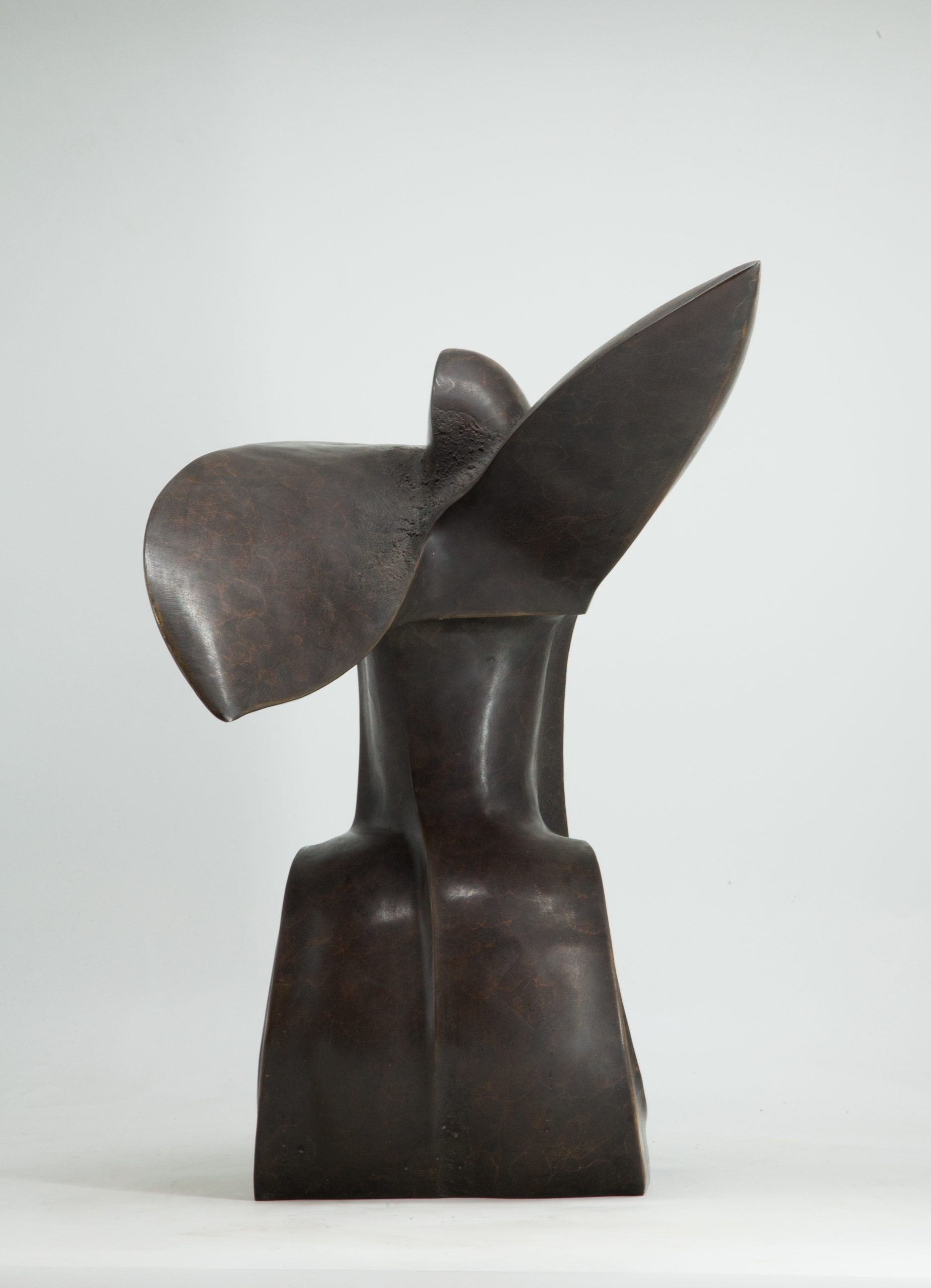 An abstract bronze sculpture.