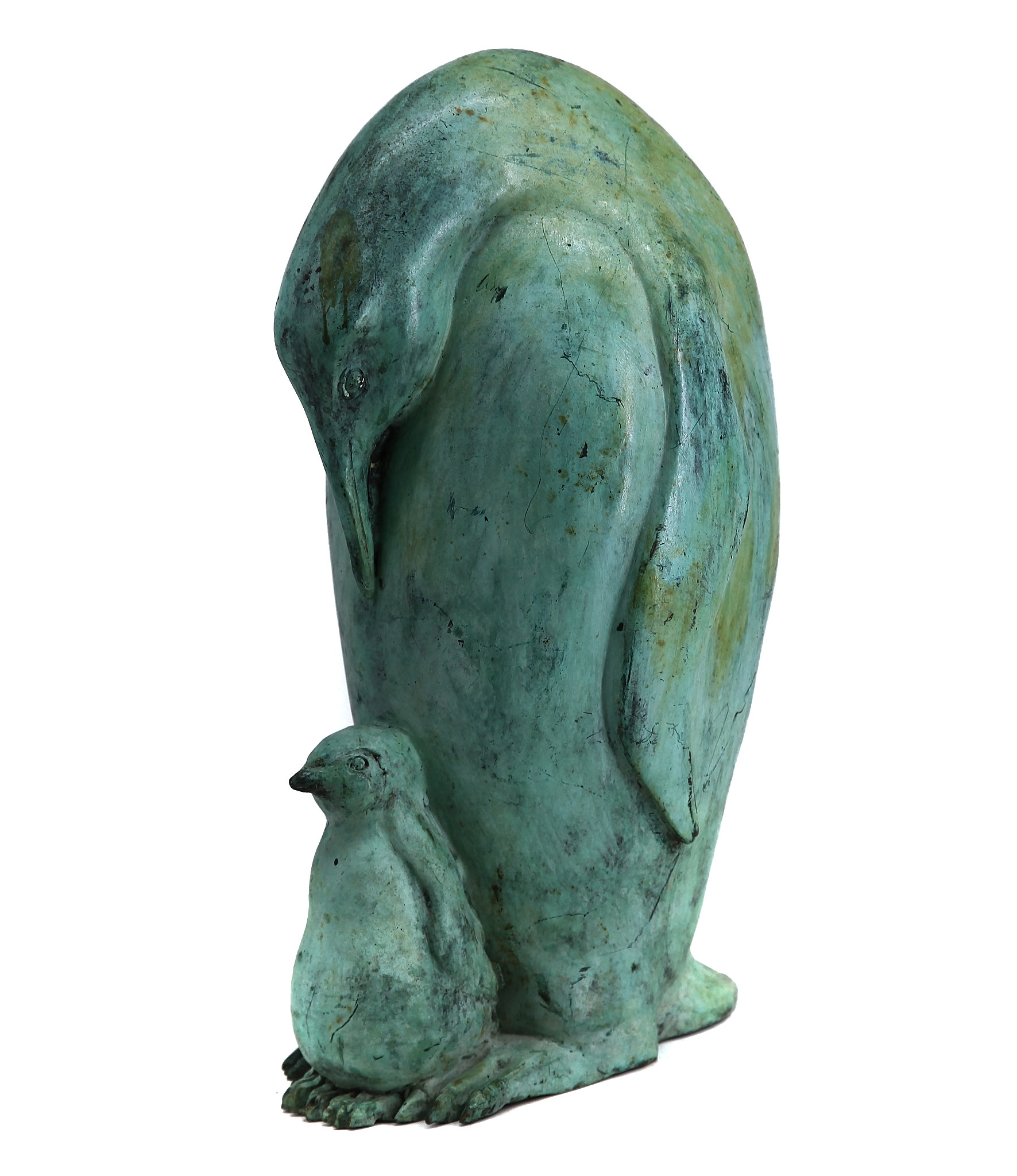 Adorable Bronze Sculpture with Green Patination of an Adult Penguin Looking Down at It's Tiny and Fluffy Chick