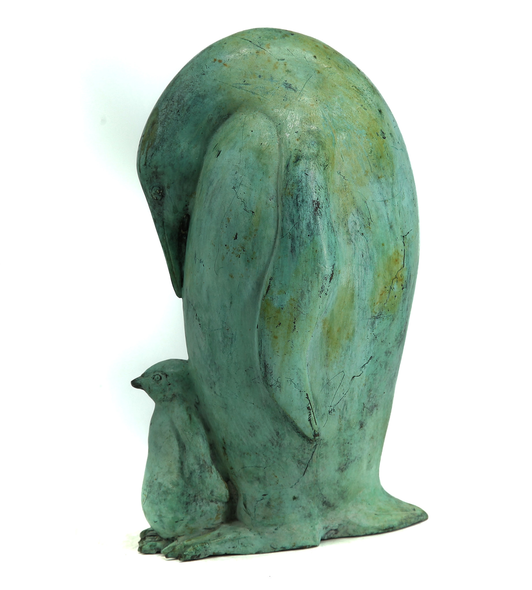 Adorable Bronze Sculpture with Green Patination of an Adult Penguin Looking Down at It's Tiny and Fluffy Chick