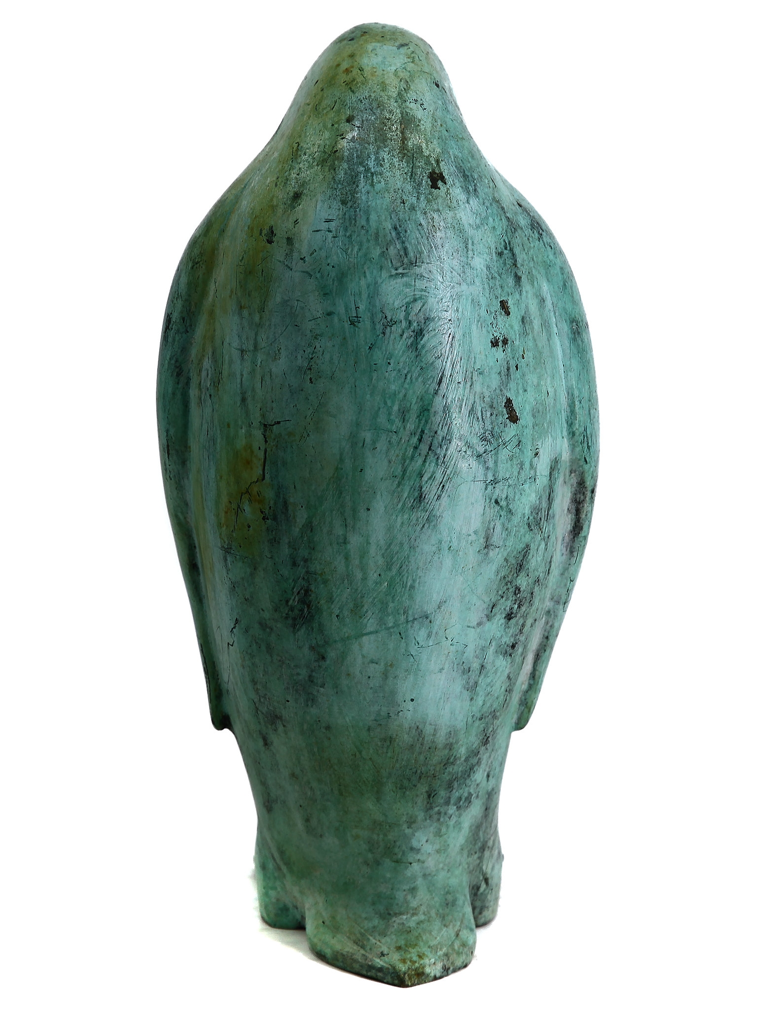 Adorable Bronze Sculpture with Green Patination of an Adult Penguin Looking Down at It's Tiny and Fluffy Chick