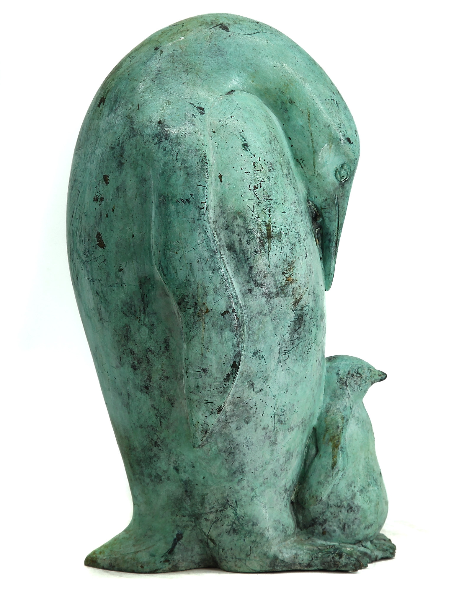 Adorable Bronze Sculpture with Green Patination of an Adult Penguin Looking Down at It's Tiny and Fluffy Chick