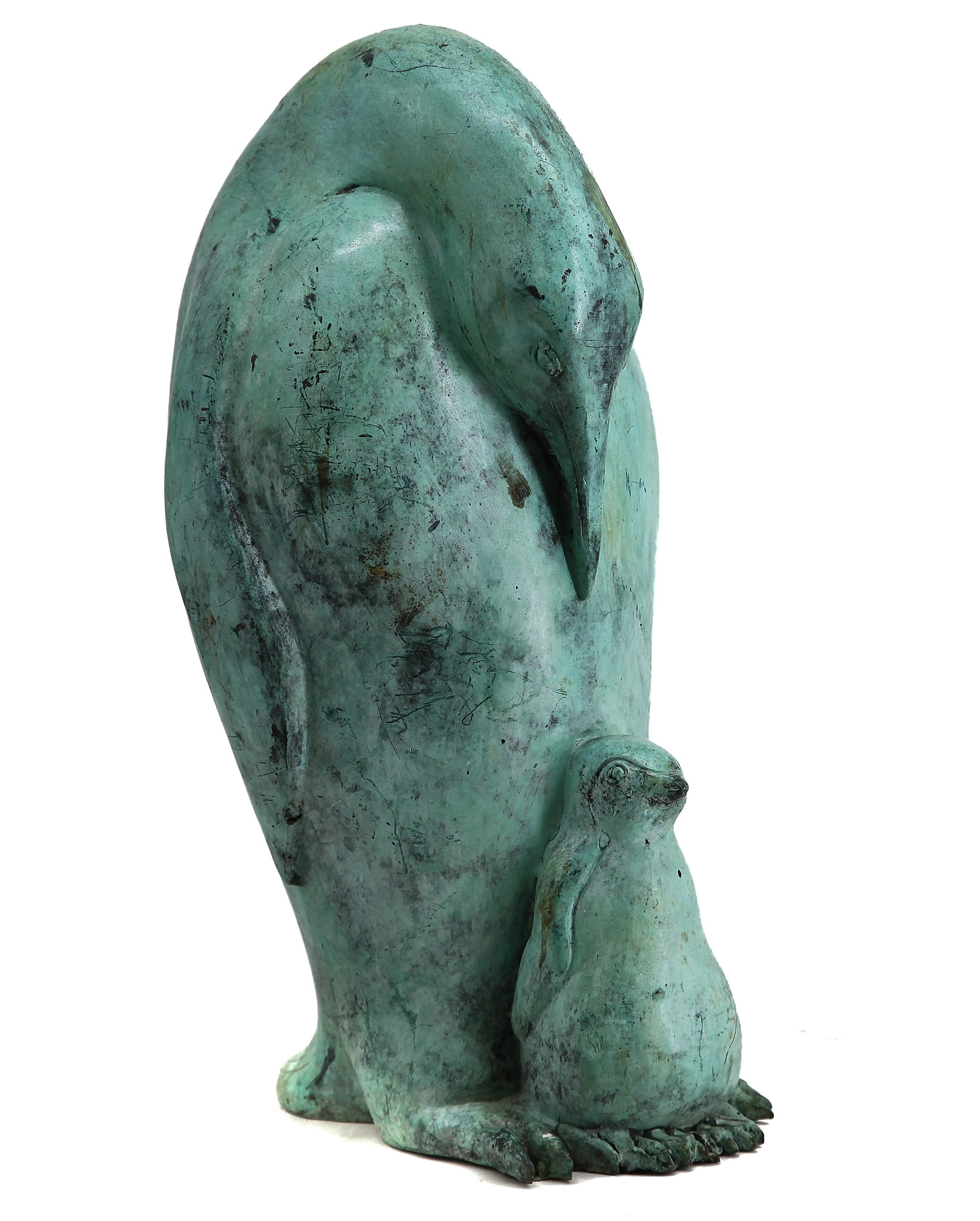 Adorable Bronze Sculpture with Green Patination of an Adult Penguin Looking Down at It's Tiny and Fluffy Chick