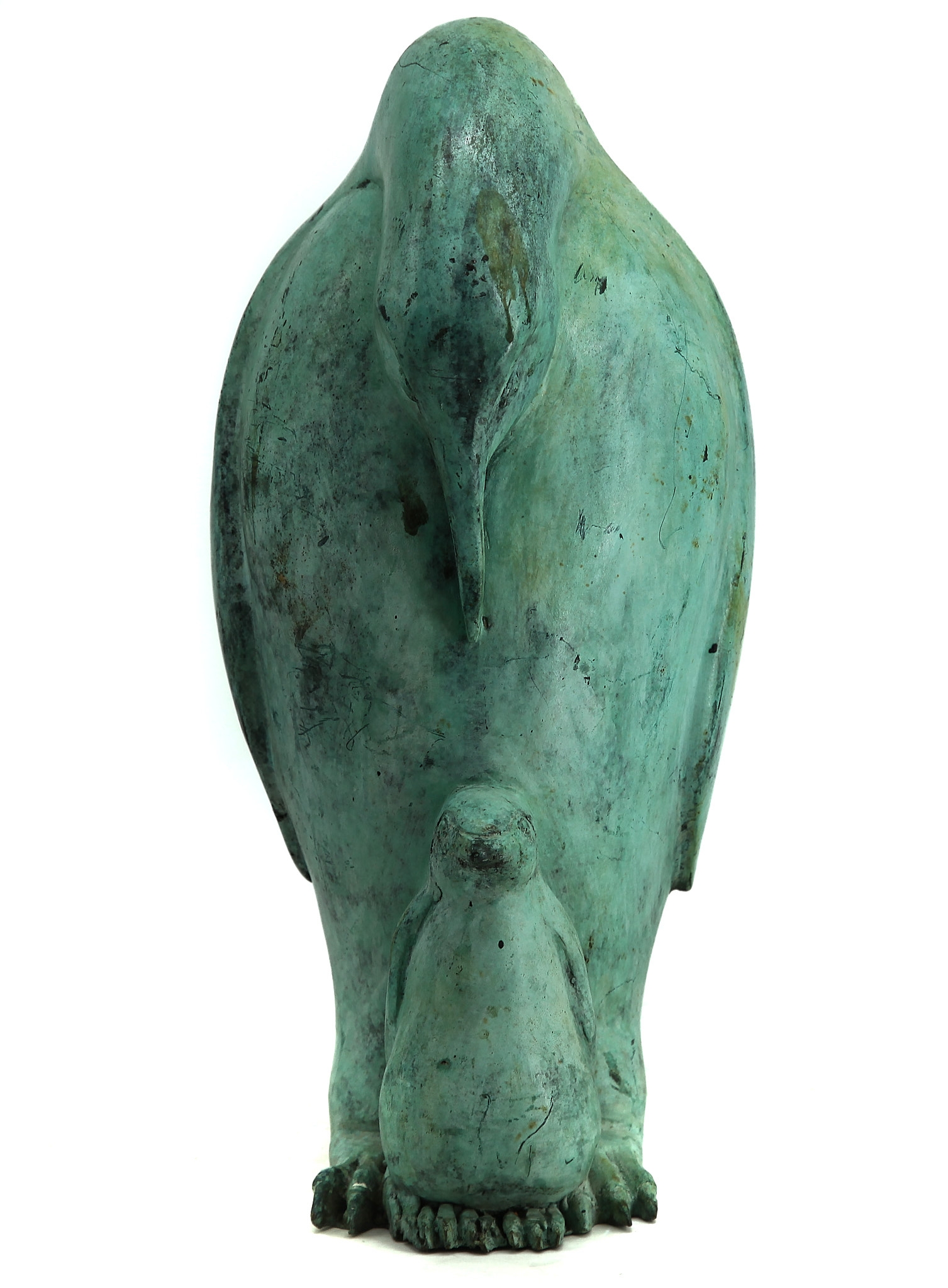 Adorable Bronze Sculpture with Green Patination of an Adult Penguin Looking Down at It's Tiny and Fluffy Chick