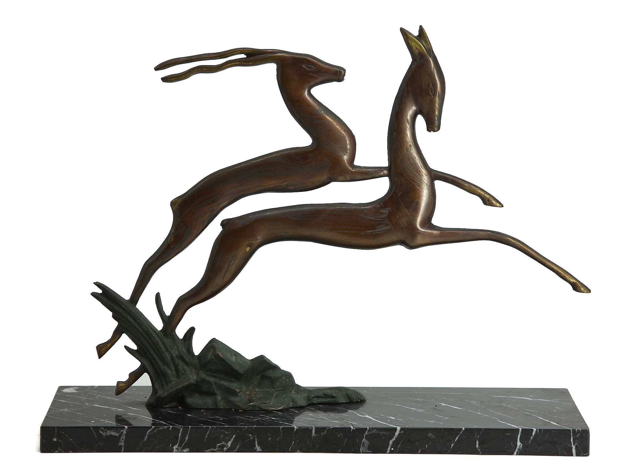 Bronze Mantelpiece Sculpture of Two Antelopes Leaping on a Marble Base