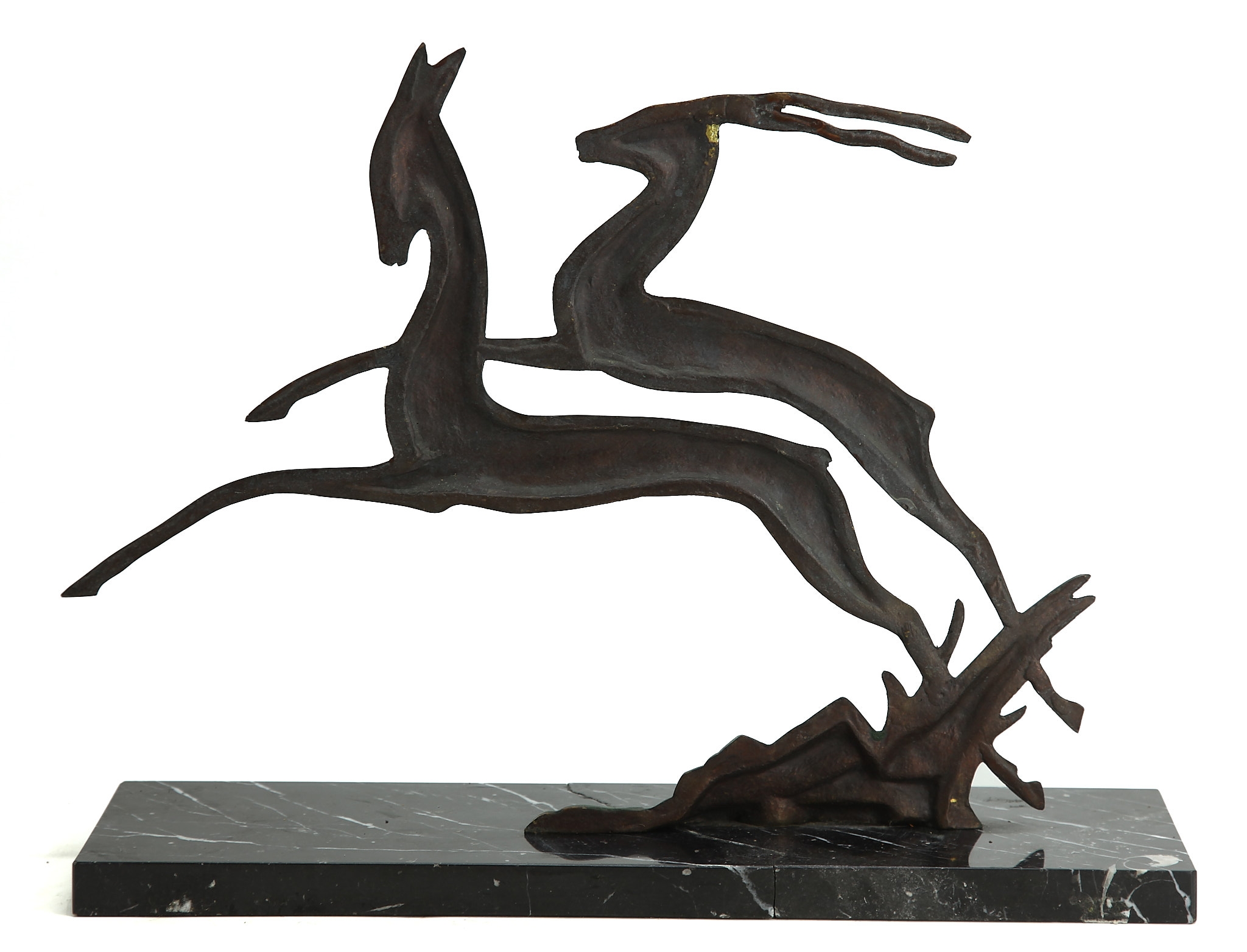 Bronze Mantelpiece Sculpture of Two Antelopes Leaping on a Marble Base