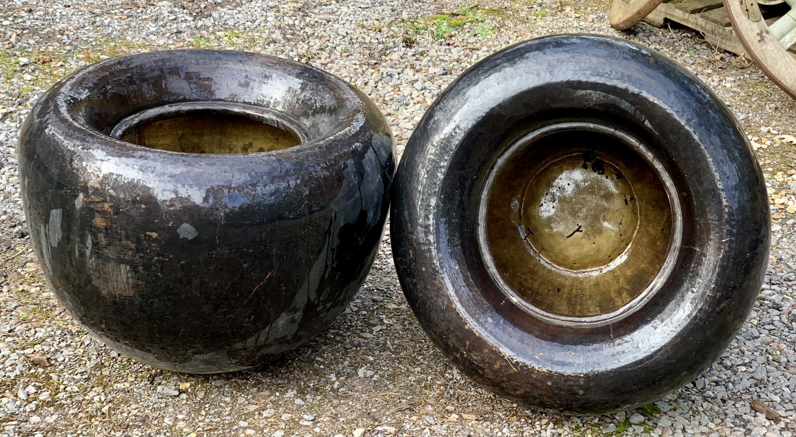 Two Large Round Bronze Planters