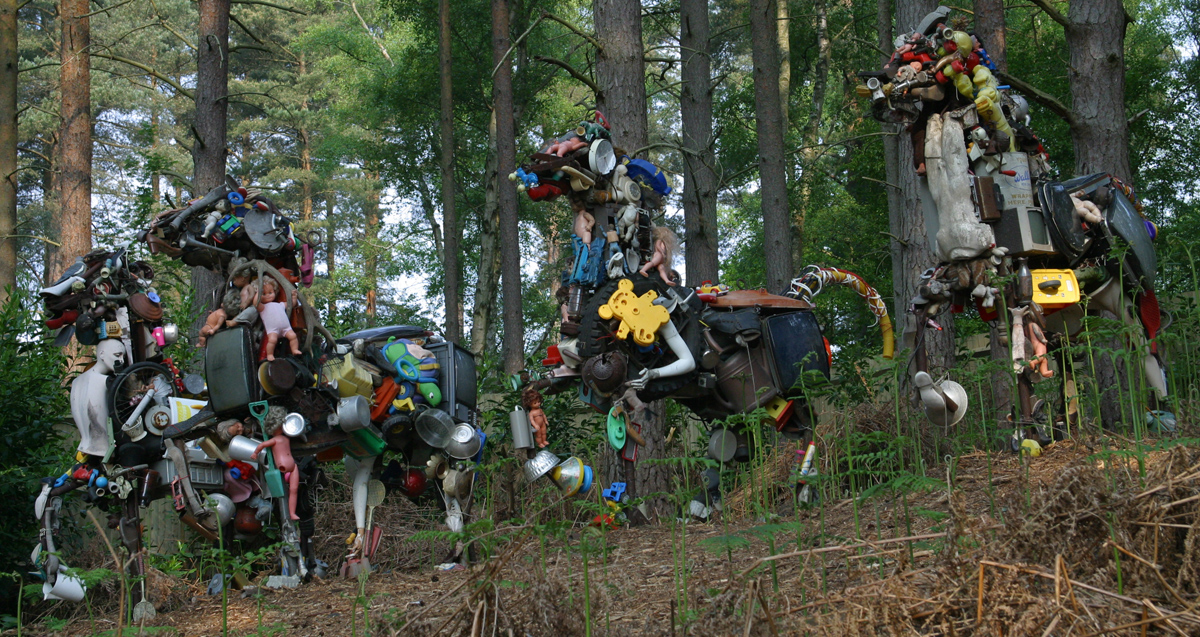 Four Horse Sculptures Created from nostalgic artefacts of days gone by. Typewriters, plastic toys and tv screens