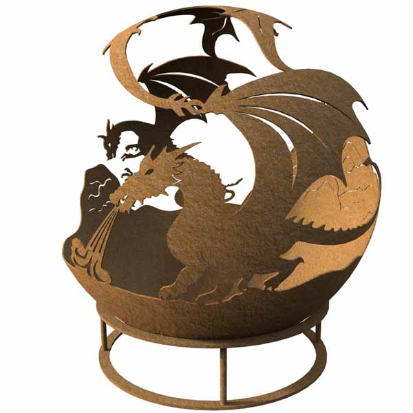 A illustration mild steel sculpture of a group of dragons forming a scene.