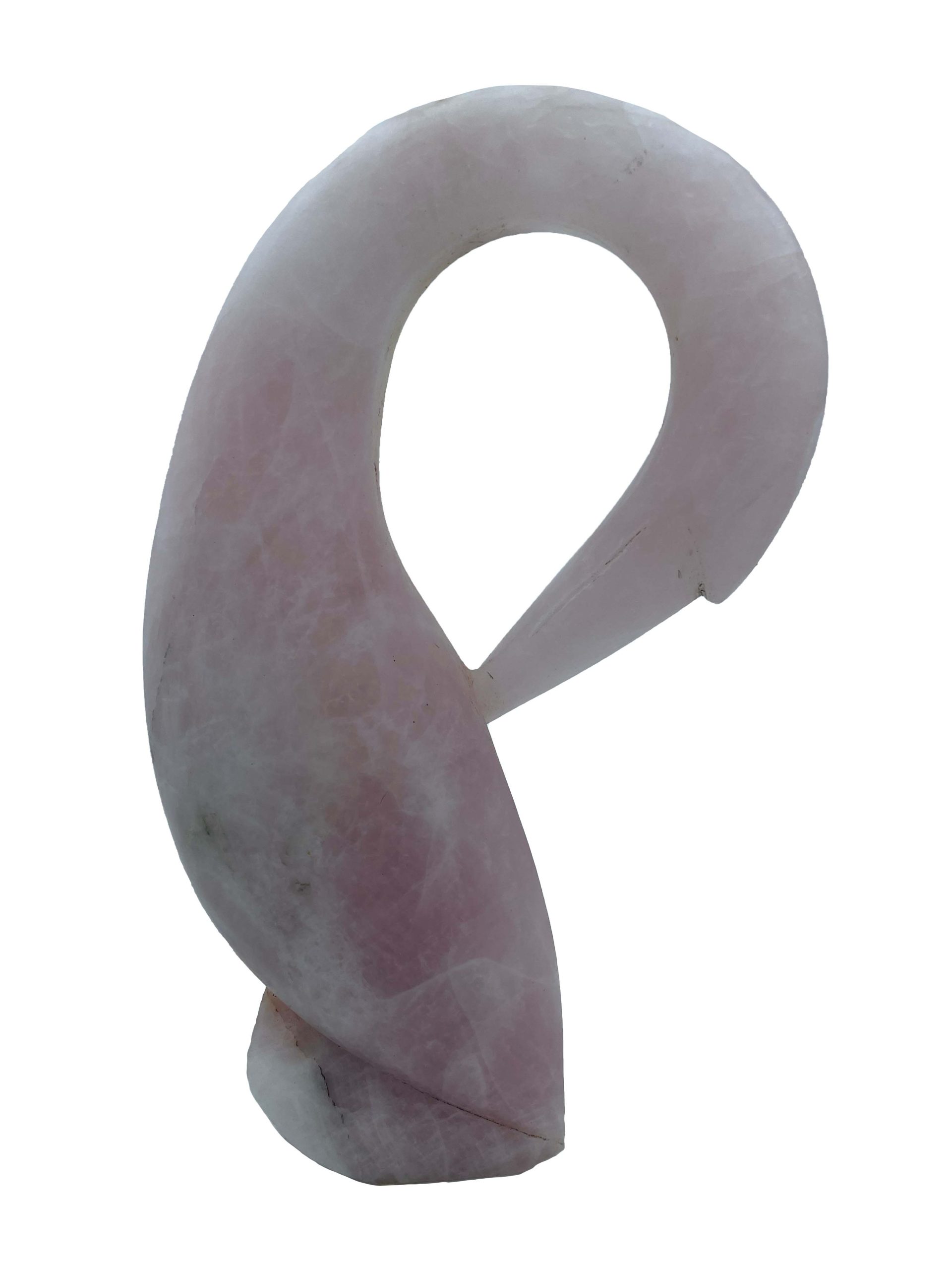 Abstract Simplistic Shona Sculpture of a Bird with its neck curved in. The carved stone is light pink and white in colour.