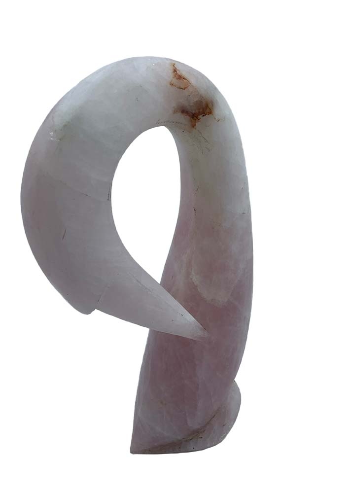 Abstract Simplistic Shona Sculpture of a Bird with its neck curved in. The carved stone is light pink and white in colour.