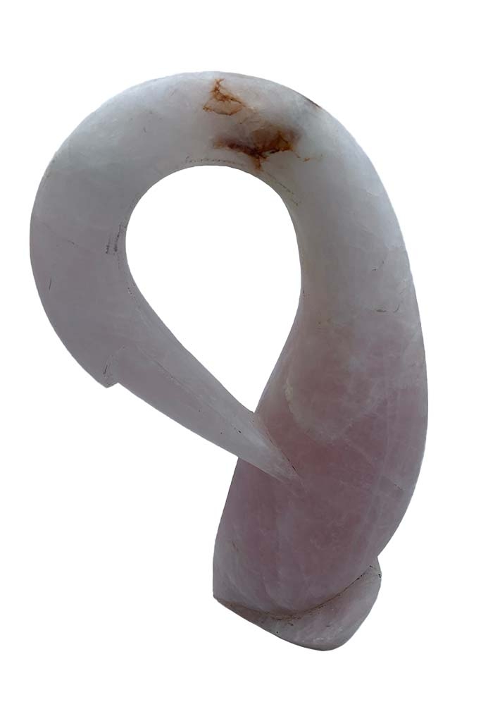 Abstract Simplistic Shona Sculpture of a Bird with its neck curved in. The carved stone is light pink and white in colour.