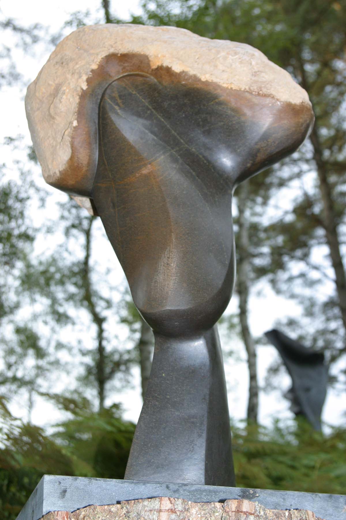 A abstract springstone sculpture of a shape vaguely resembling a portraiture.