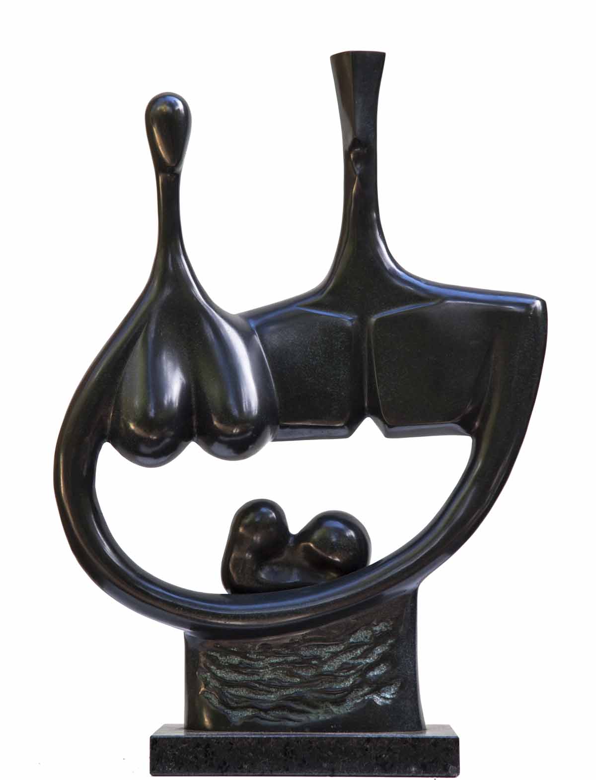 A figurative bronze sculpture of a minimalistic man and a woman holding a baby together.
