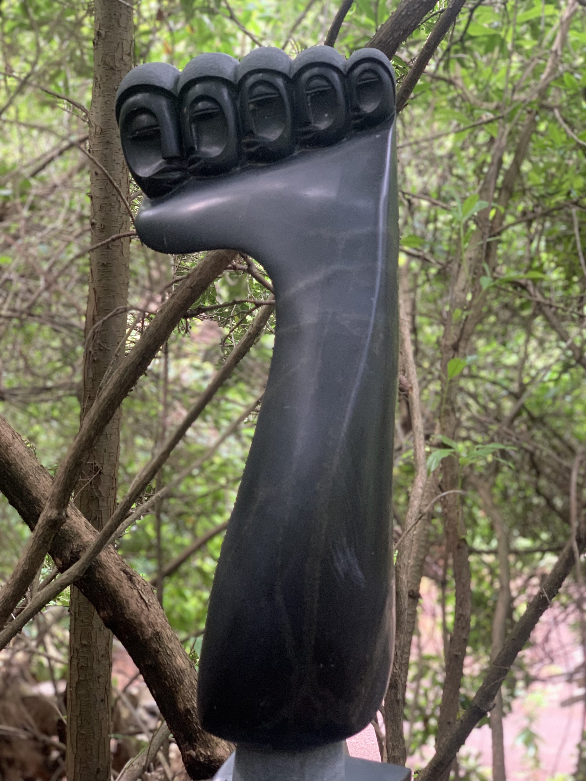 Feet of the Mind by Emmanuel Changunda is a Zimbawean Shone Springstone sculpture of a foot with five human heads as toes