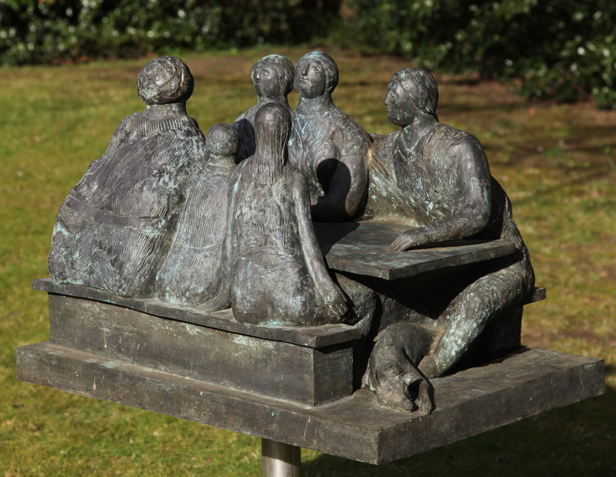 Bronze Sculpture of Five Friends or Family Enjoying a Picnic at a Table