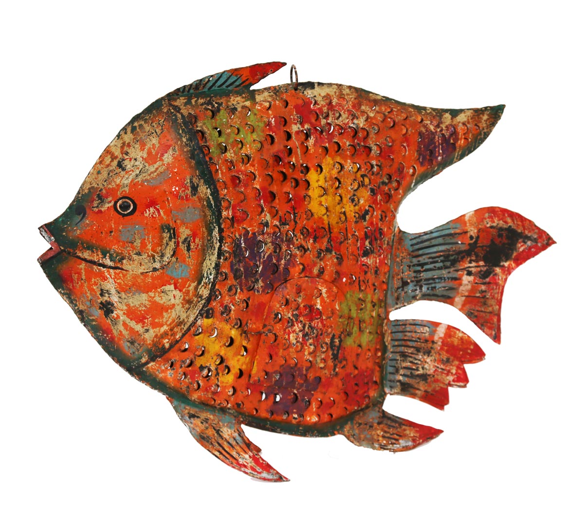 A figurative painted steel sculpture of a large red tropical fish.
