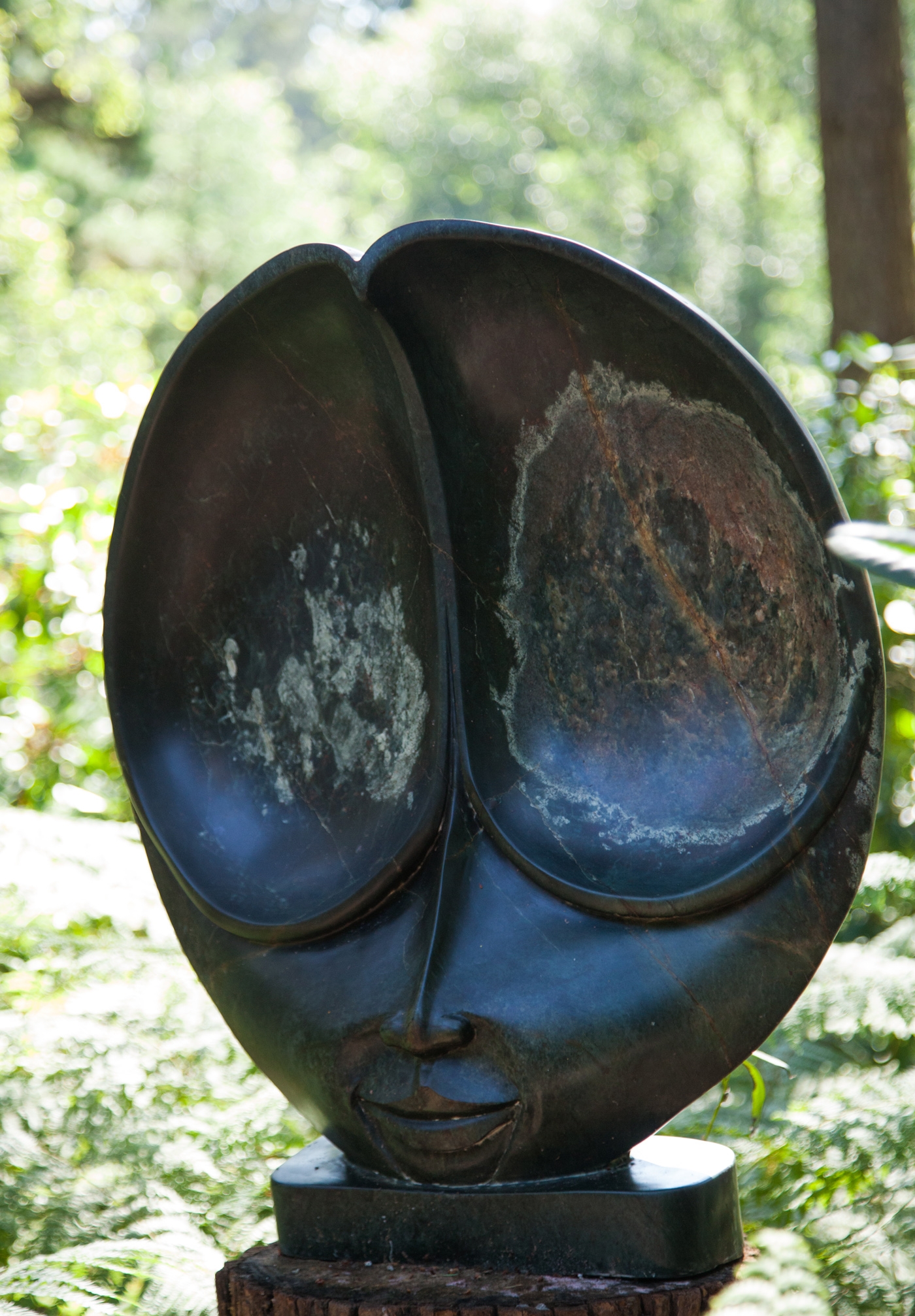 A Shona sculpture of a head with huge eyes. Made of Serpentine stone.