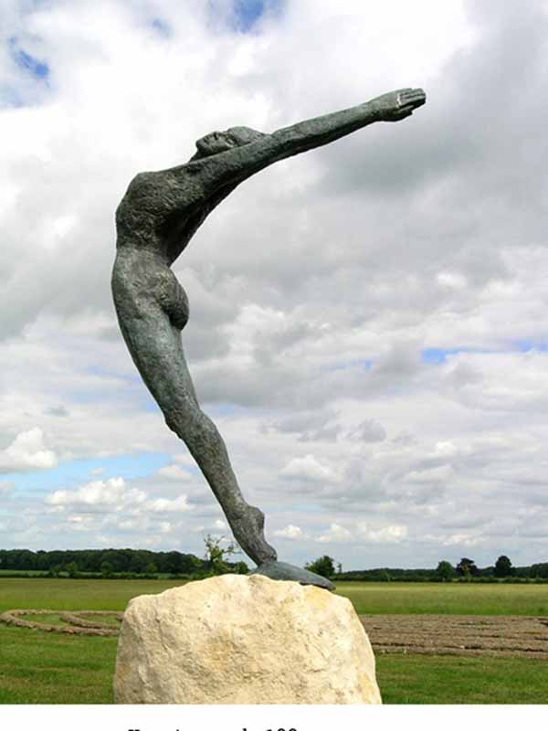 Figurative Bronze Sculpture of a Woman with Arms in the Air, Leaning Back