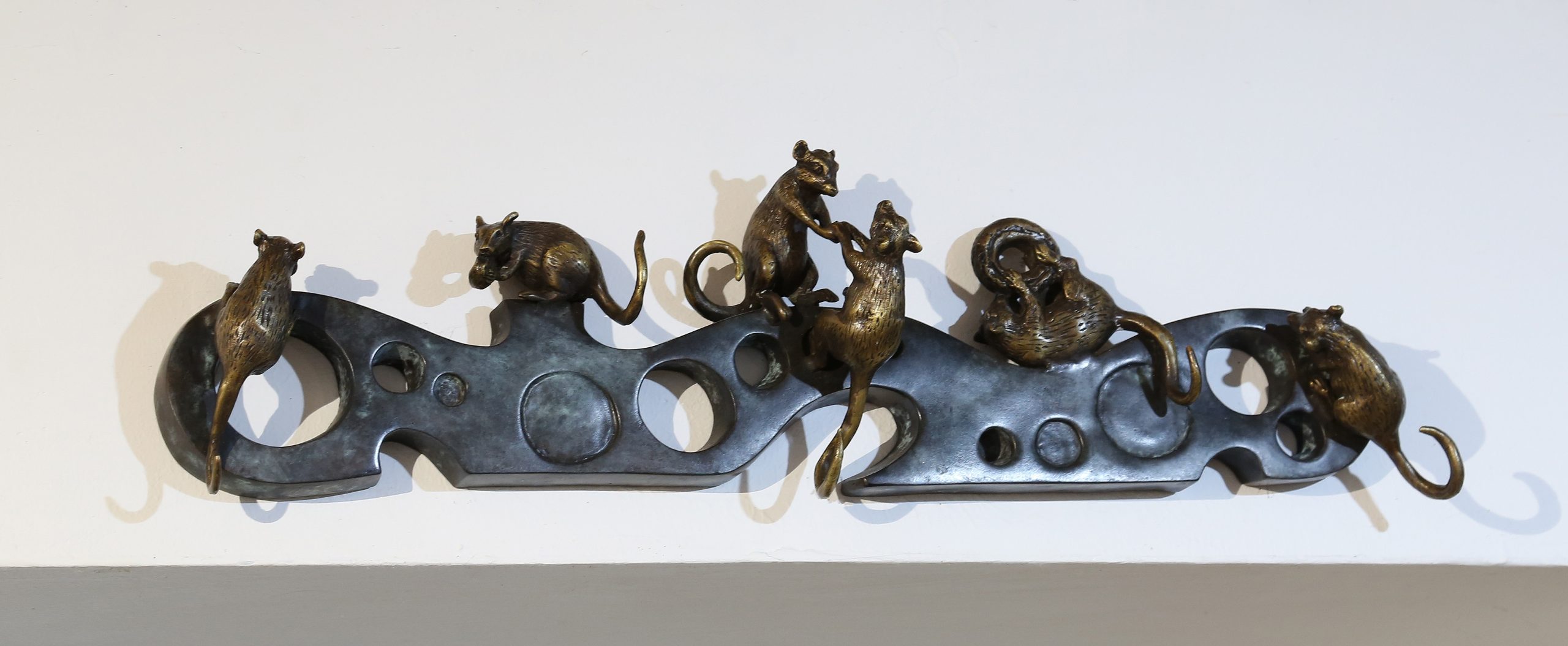 Wall Mounted Bronze Sculpture Depicting Six Life Size Life Like Mice Climbing on Cheese with their Tails Creating Coat Hooks