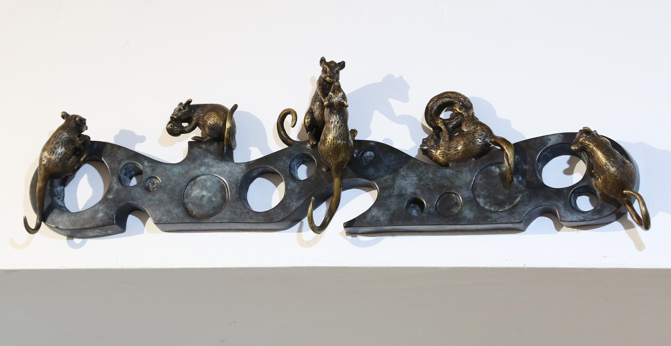 Wall Mounted Bronze Sculpture Depicting Six Life Size Life Like Mice Climbing on Cheese with their Tails Creating Coat Hooks