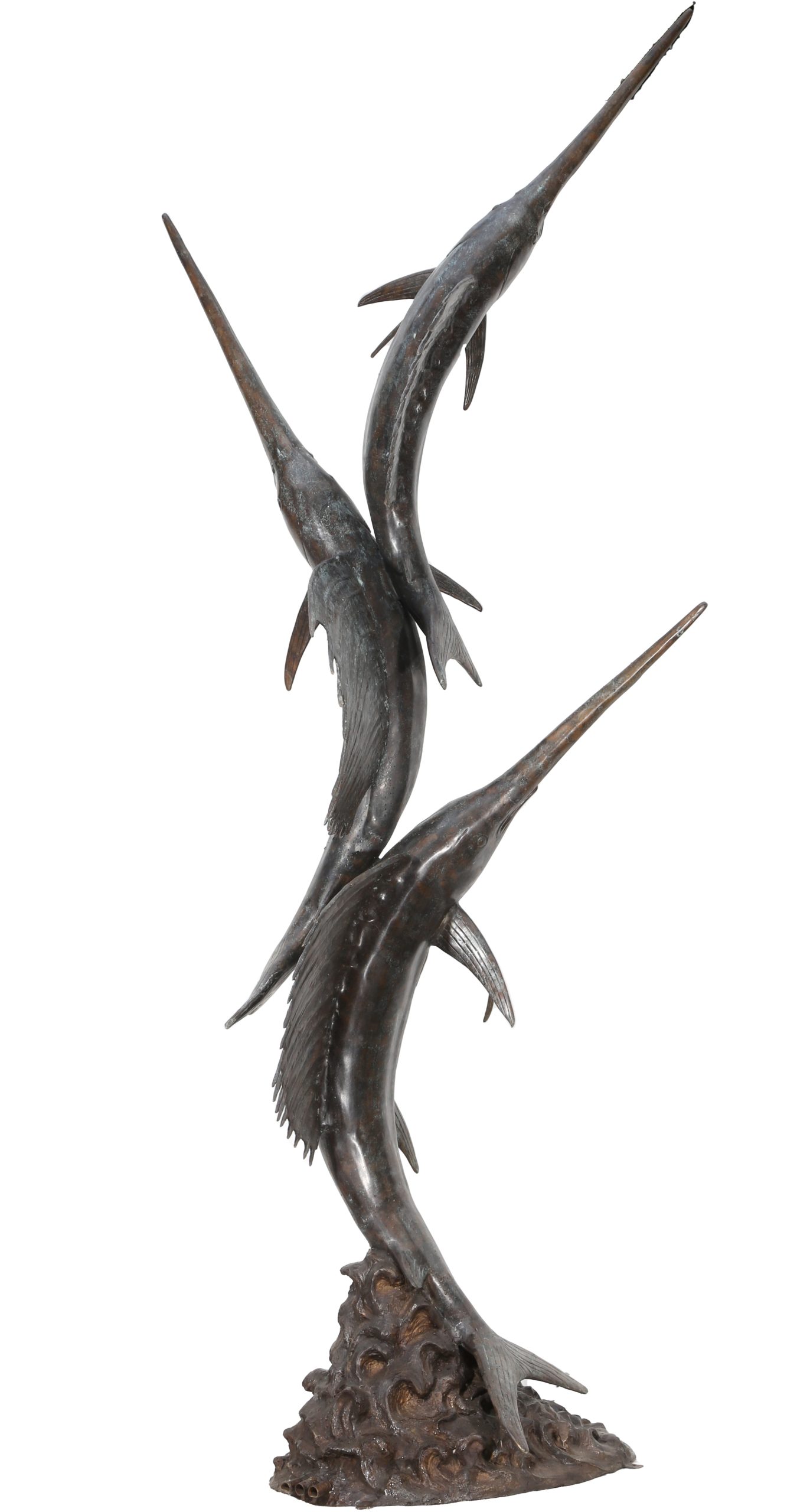 A bronze sculpture showing three realistic Sailfish all seemingly swimming upwards. This sculpture is a water feature.