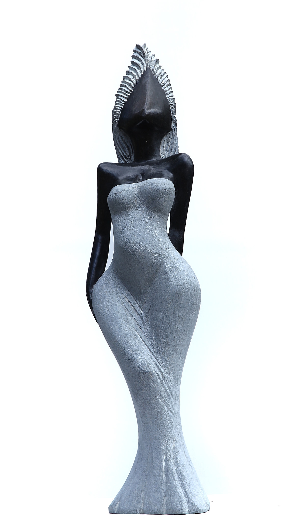 A Shona sculpture made of Opal stone, showcasing a woman in a dress.