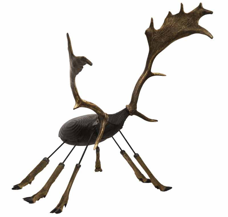 A figurative wooden sculpture of a stag beetle with deer antlers and hooves.