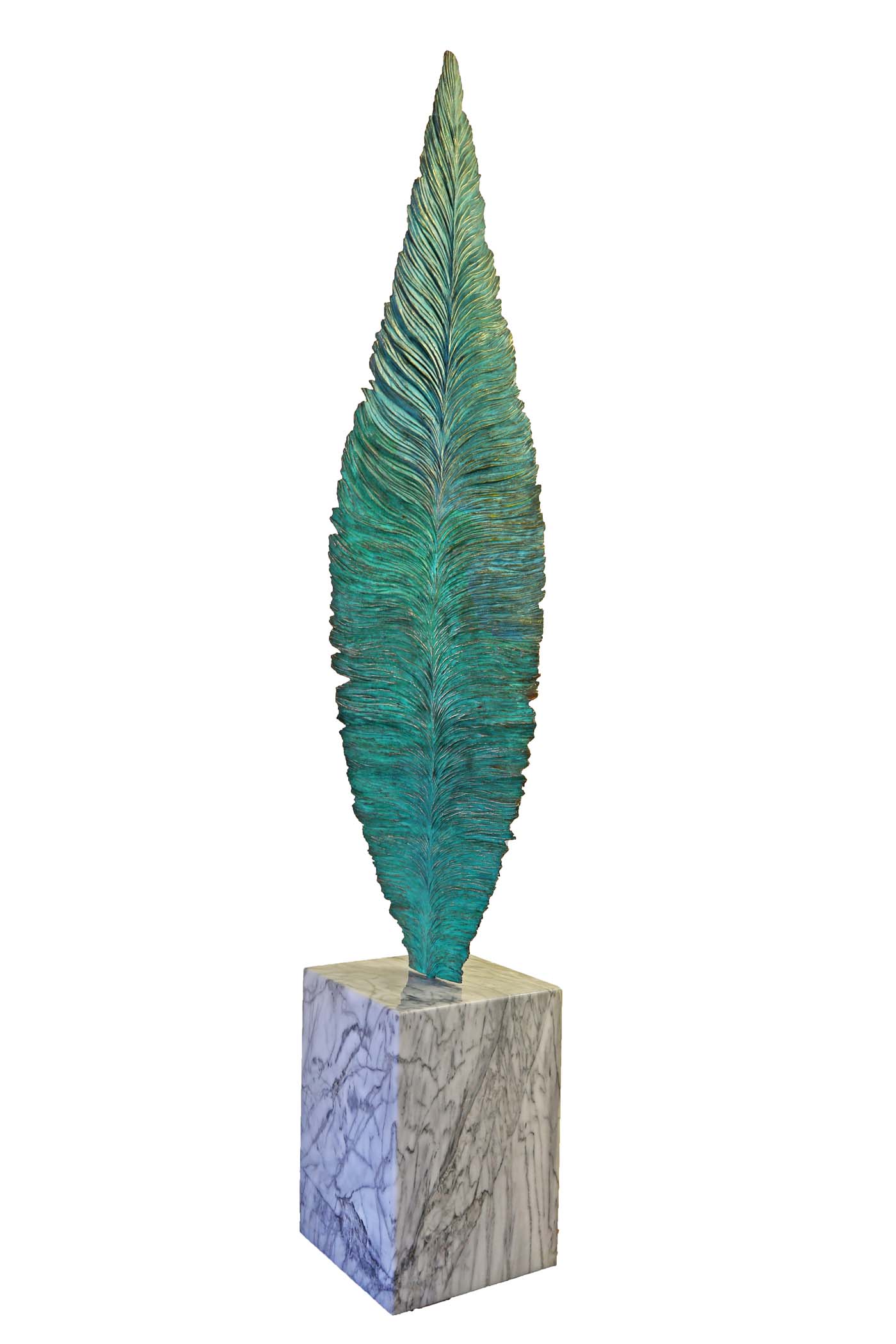 Green Patinated Bronze Standing Leaf Sculpture Mounted on a Marble Block Plinth