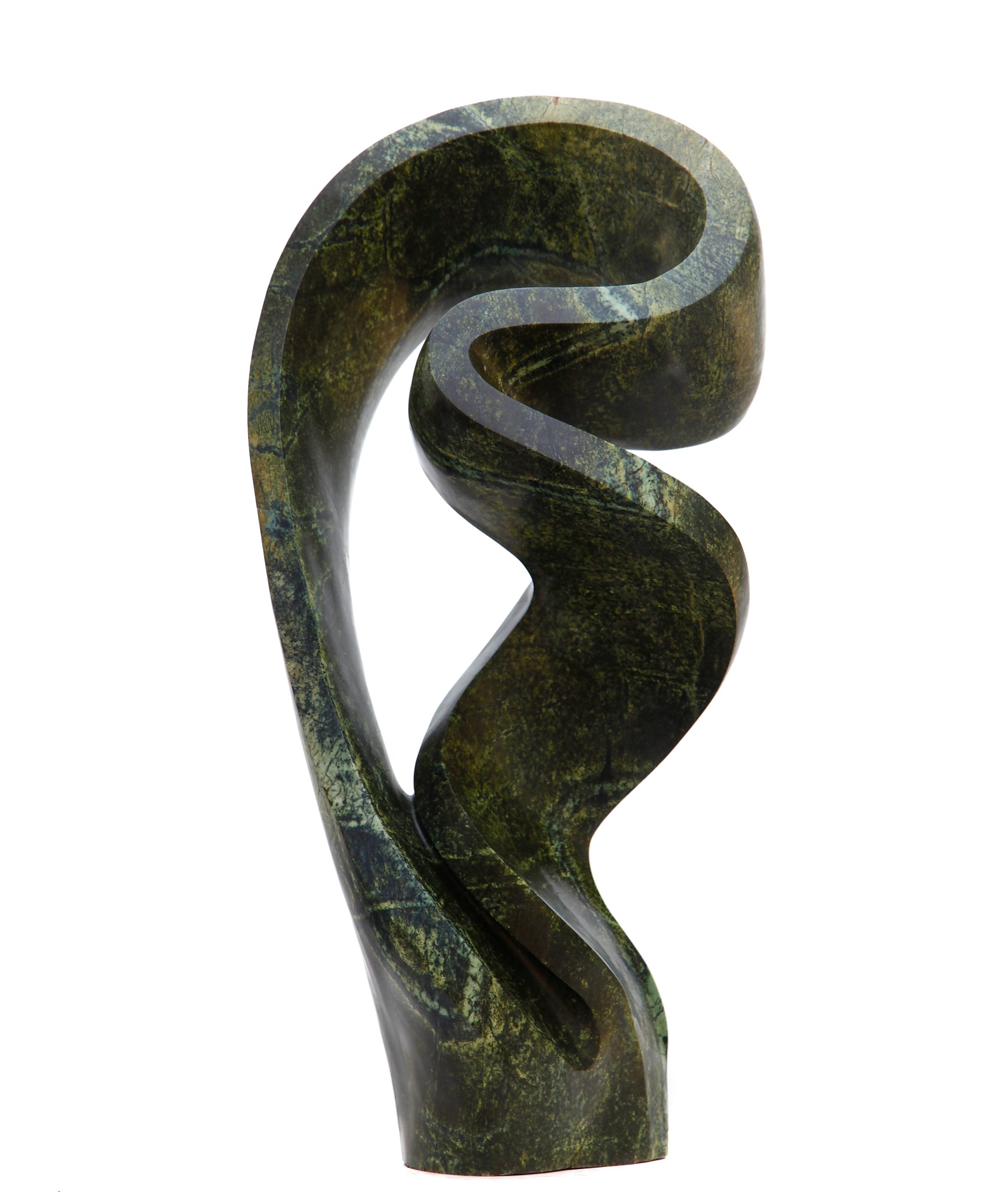 An green abstract shaped Shona sculpture made of Avocado stone.