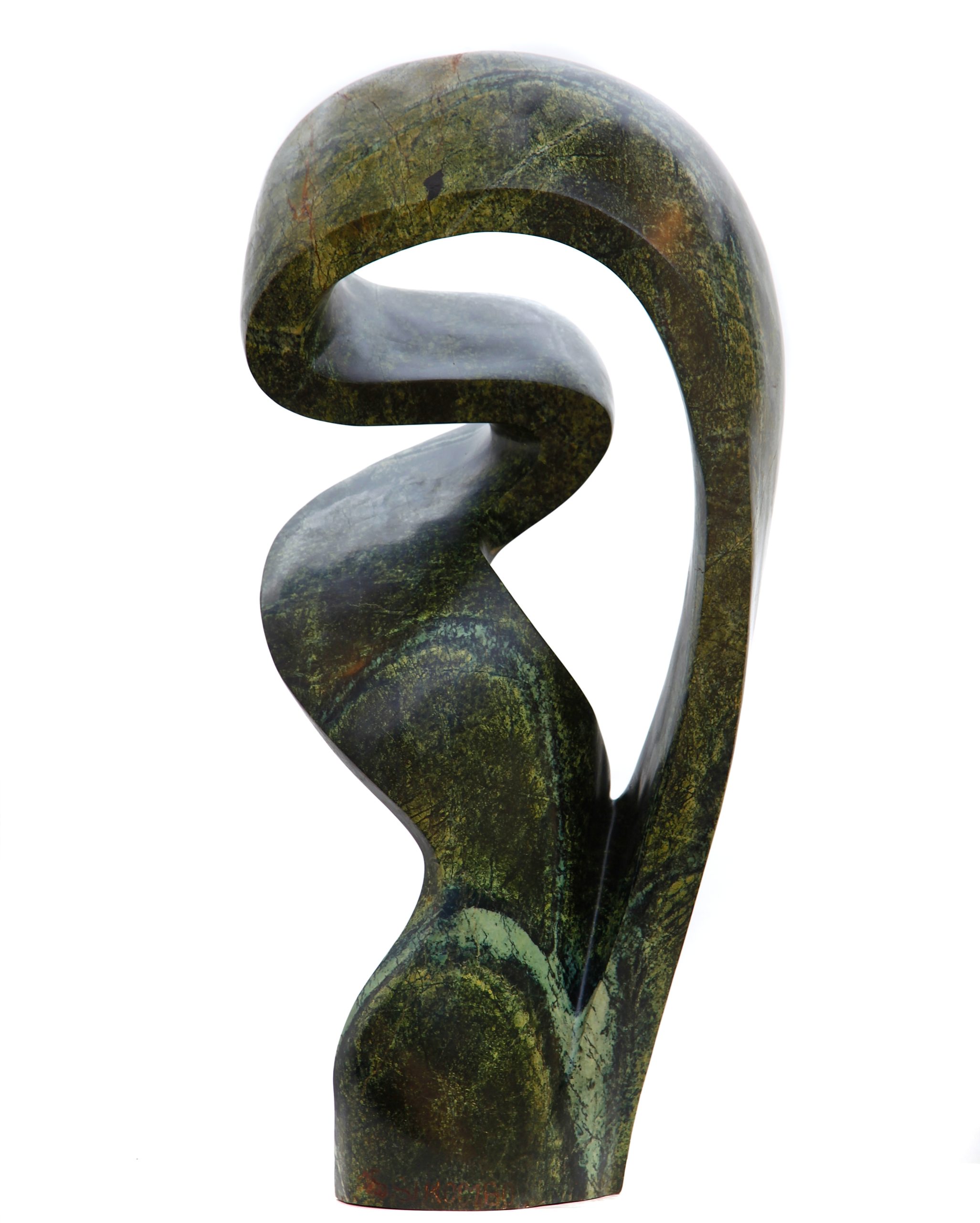 An green abstract shaped Shona sculpture made of Avocado stone.