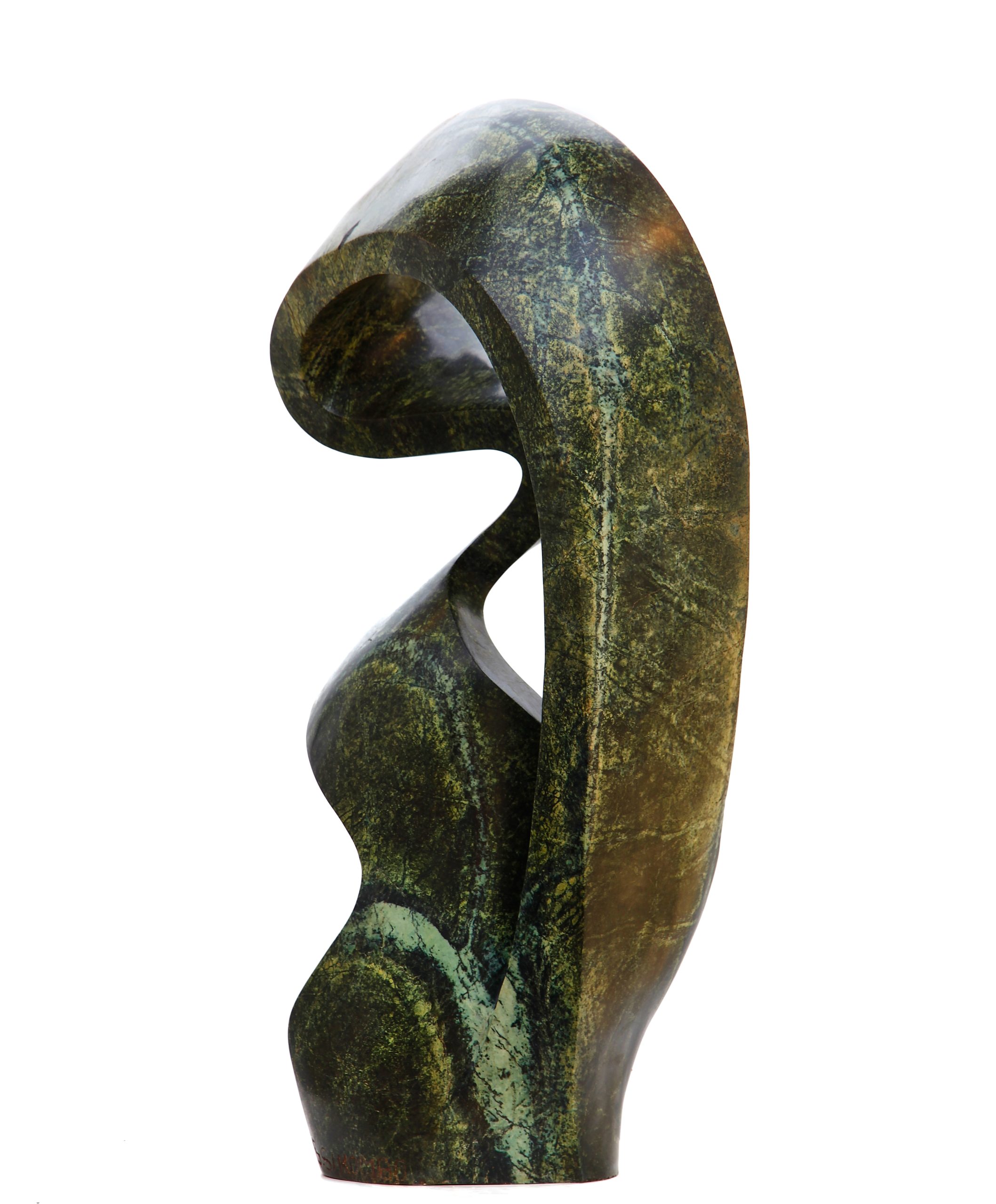 An green abstract shaped Shona sculpture made of Avocado stone.