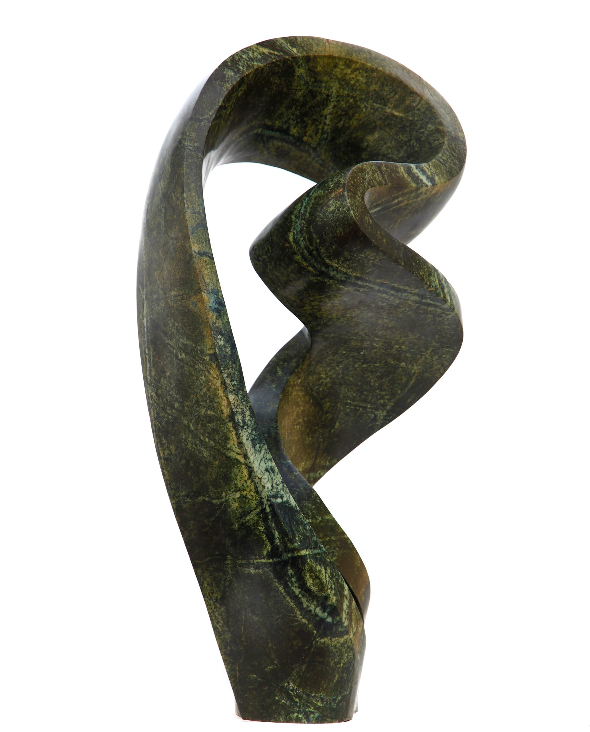 An green abstract shaped Shona sculpture made of Avocado stone.