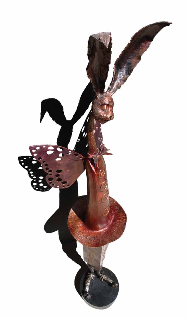 A figurative bronze sculpture of a bunny man in the shape of a house.