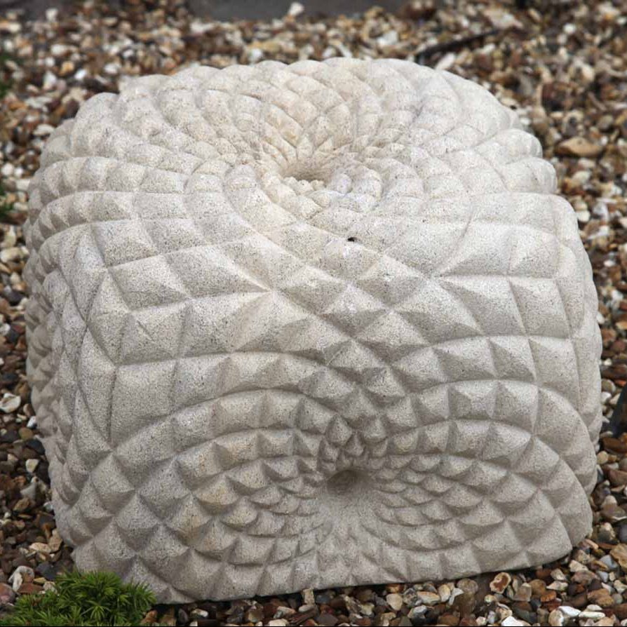 https://thesculpturepark.com/sculpture-for-sale/sculpture/artists/nigel-ash. Carved Cotswold Stone Geometric Patterned Square Outdoor Sculpture