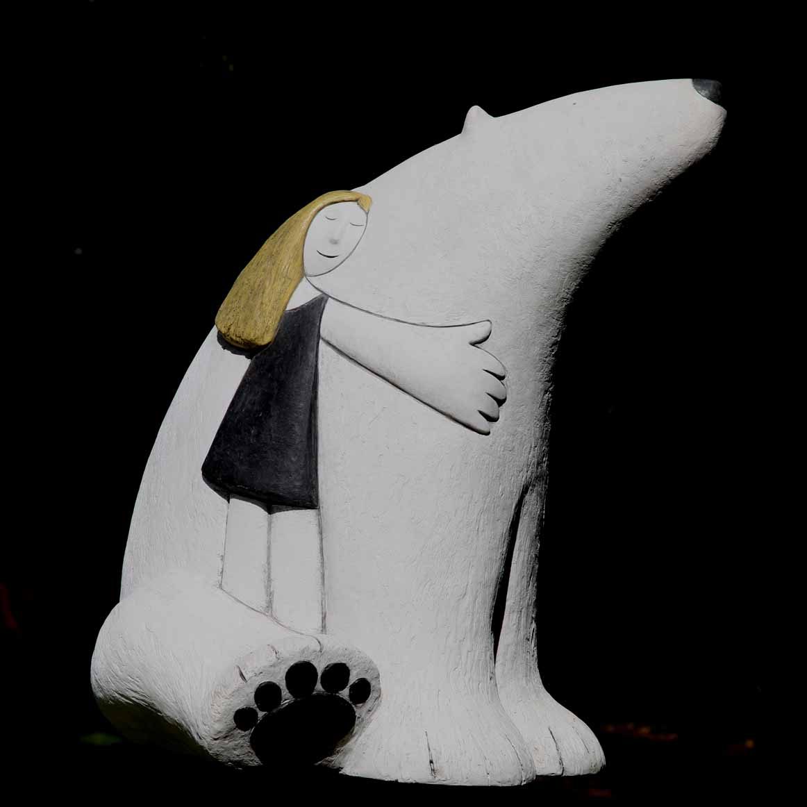 Polar Bear (Icebear) by Paul Smith. Adorable Resin Sculpture by Paul Smith of a Young Girl Hugging a Polar Bear, available from The Sculpture Park