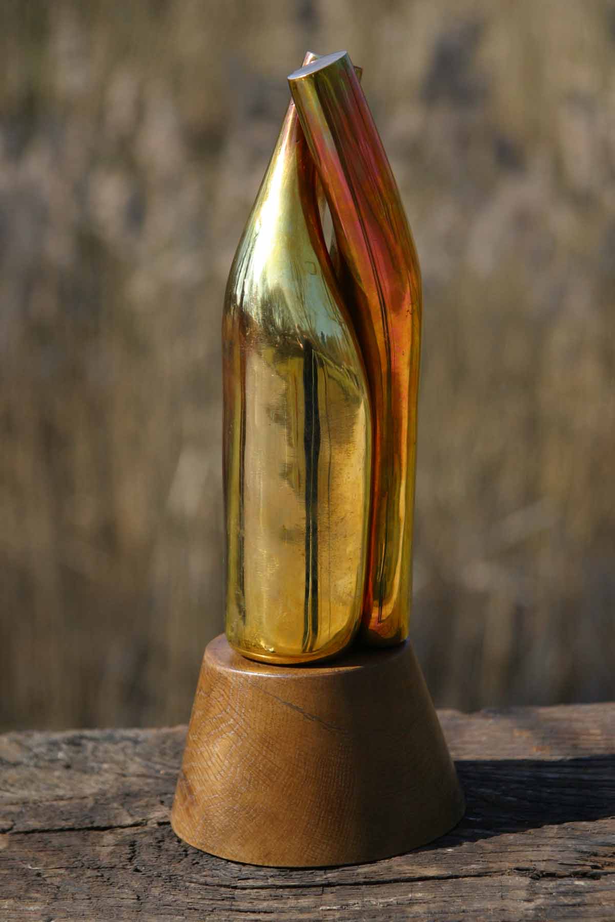 Table Top Abstract Polished Bronze Sculpture of Two Shaped, Intertwining at the Top, Like Figures Embraced