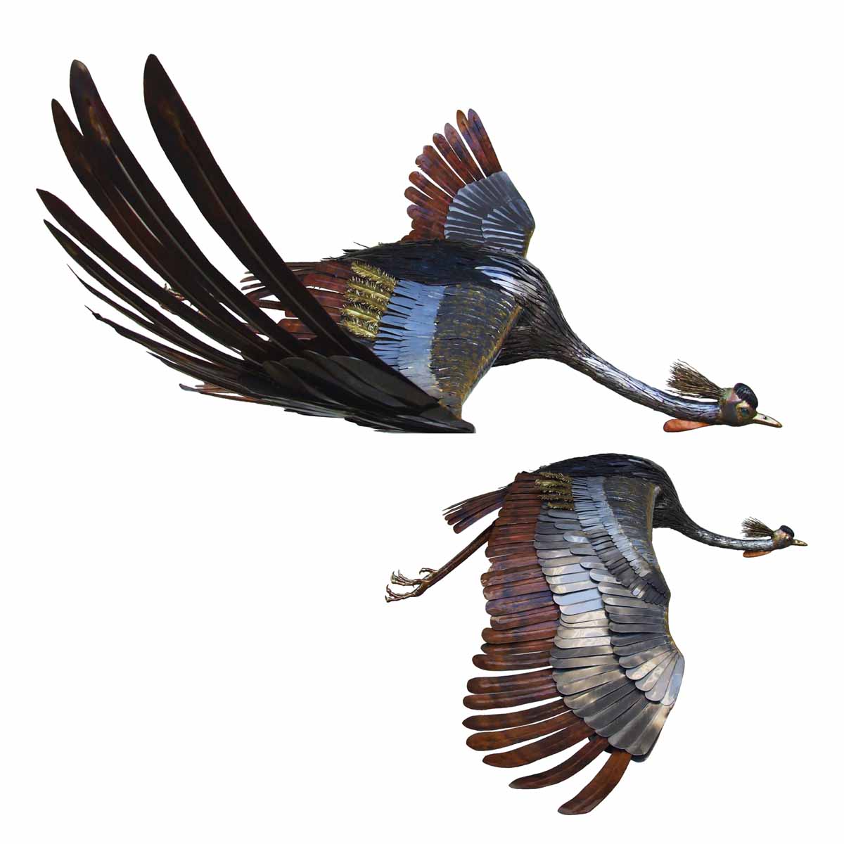 Unique sculpture of two crested cranes in flight. Made from powder coated stainless steel, mild steel, brass copper and with bespoke glass eyes.