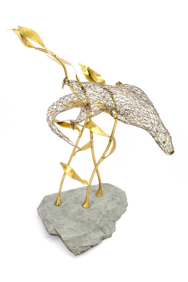 A figurative steel and brass sculpture of an Otter swimming through reeds and water.