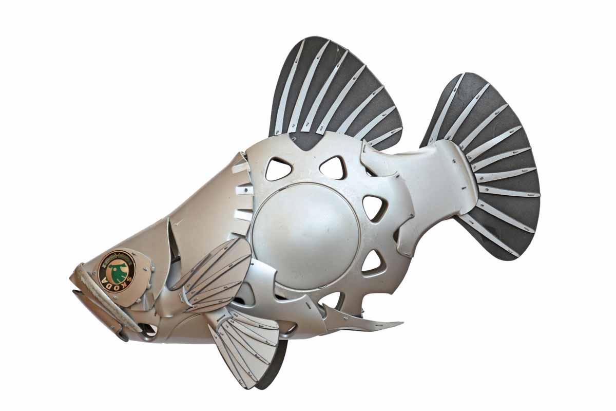 A modern street art sculpture of a fish formed and pieced together out of car tyre hubcaps.