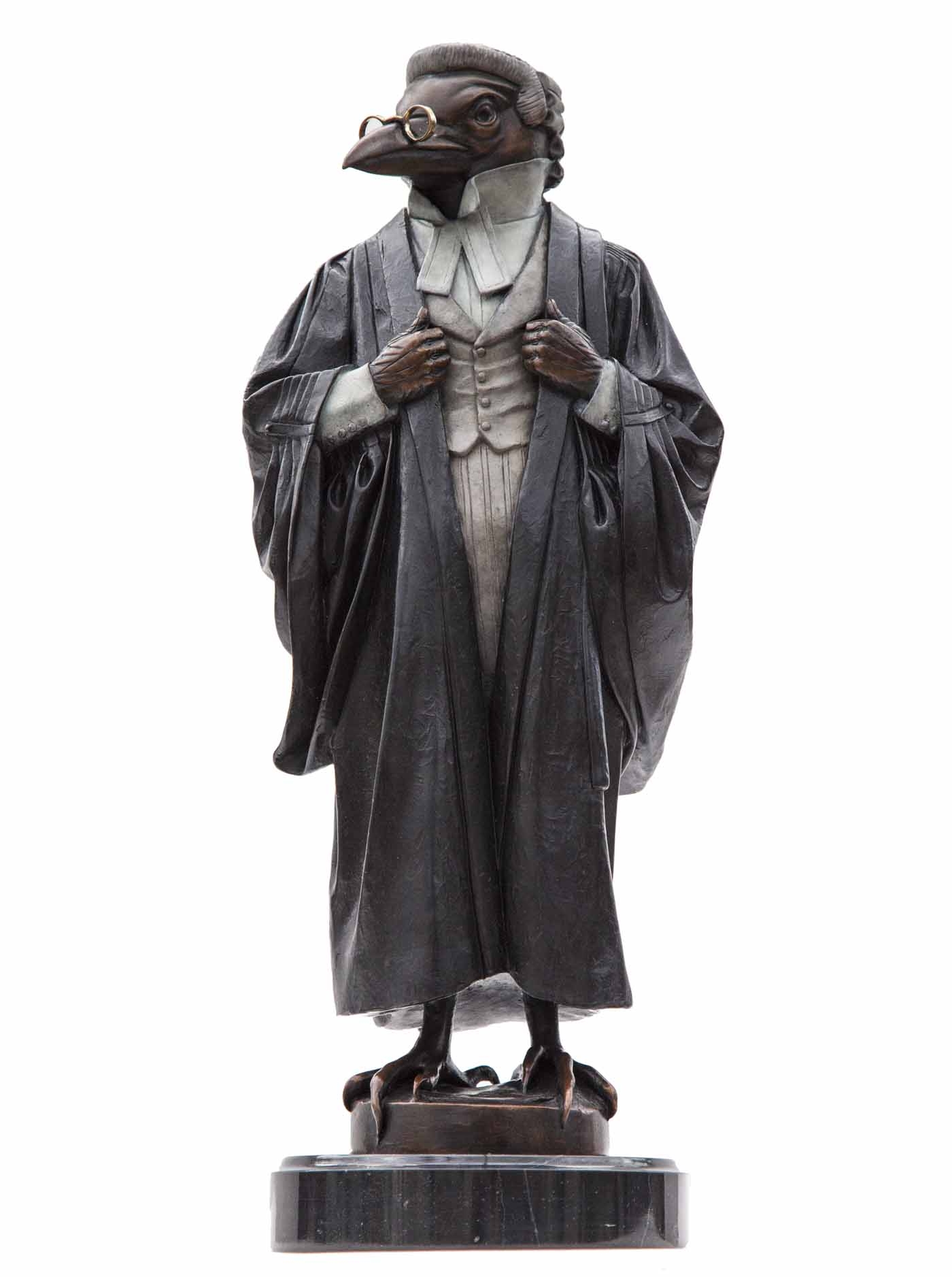 A figurative bronze sculpture of a bird dressed as a noble.
