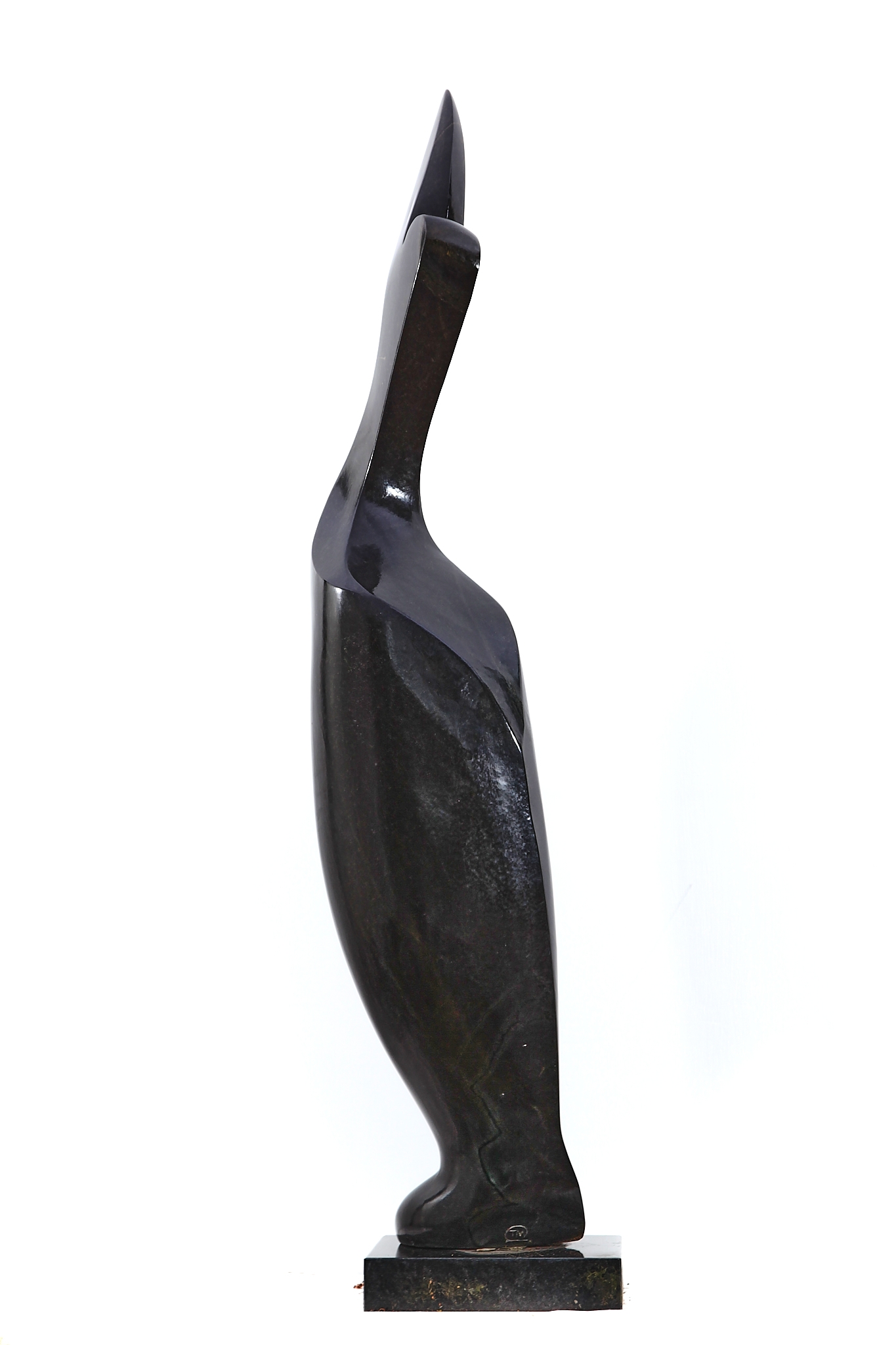 Tall Slim Shona Carved Springstone Sculpture of a Slender Bird Looking Up